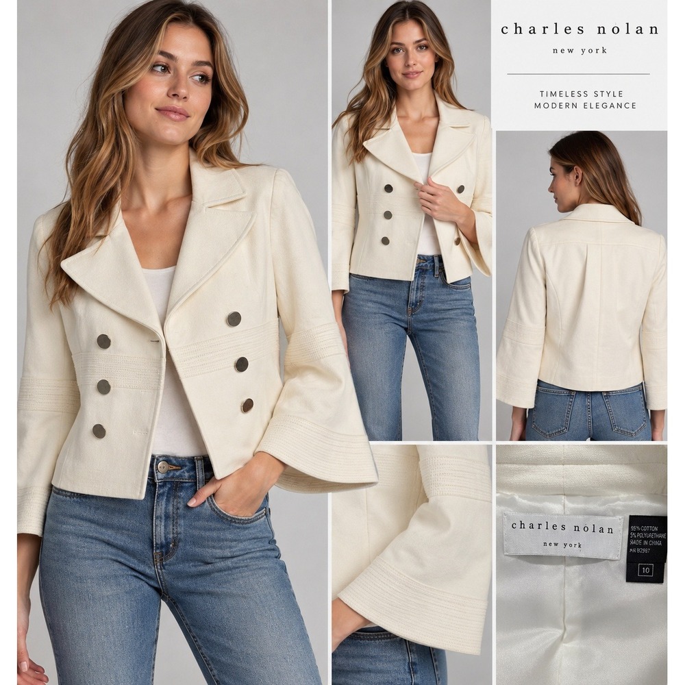 Charles Nolan Jacket Womens 10 Ivory Double Breasted Cropped Bell Sleeve Y2K